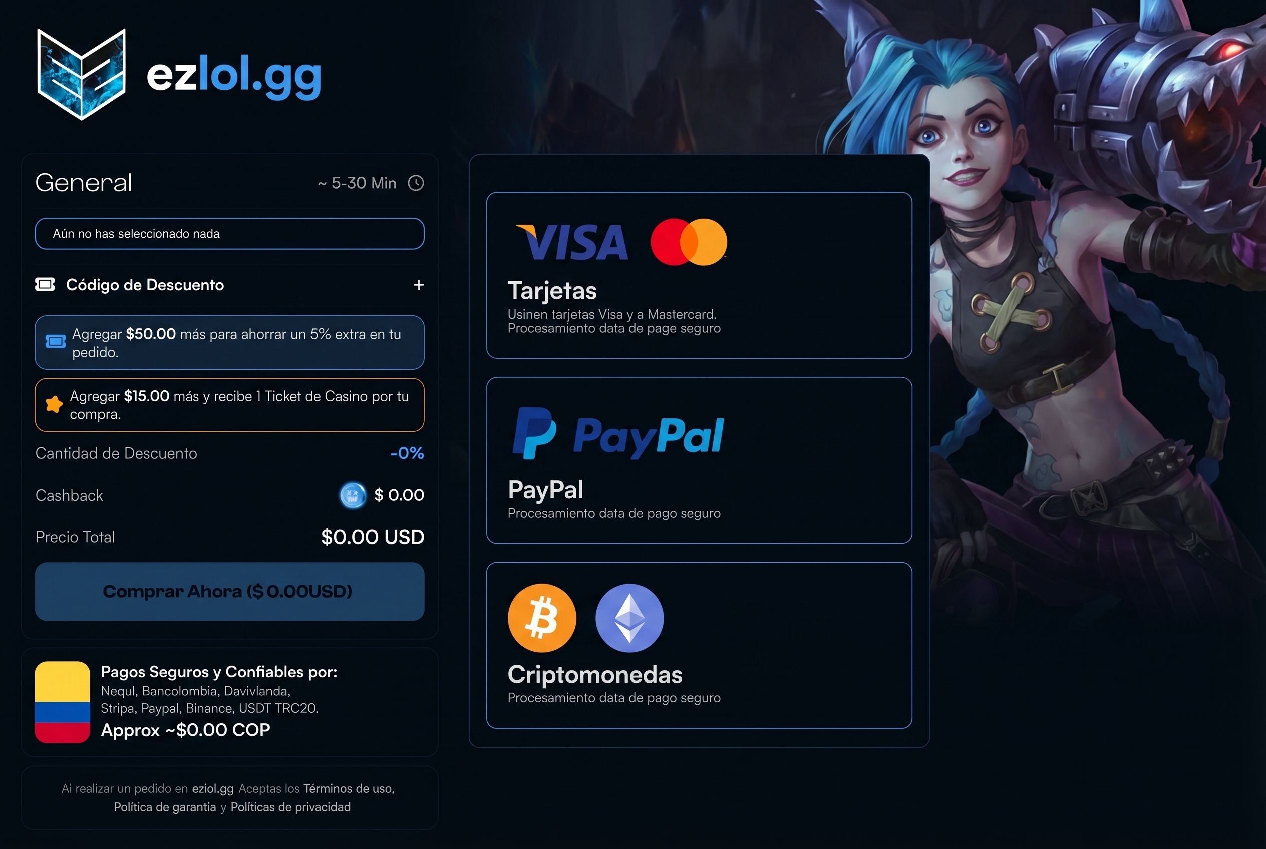 Vista previa del módulo de pago en ezlol.gg