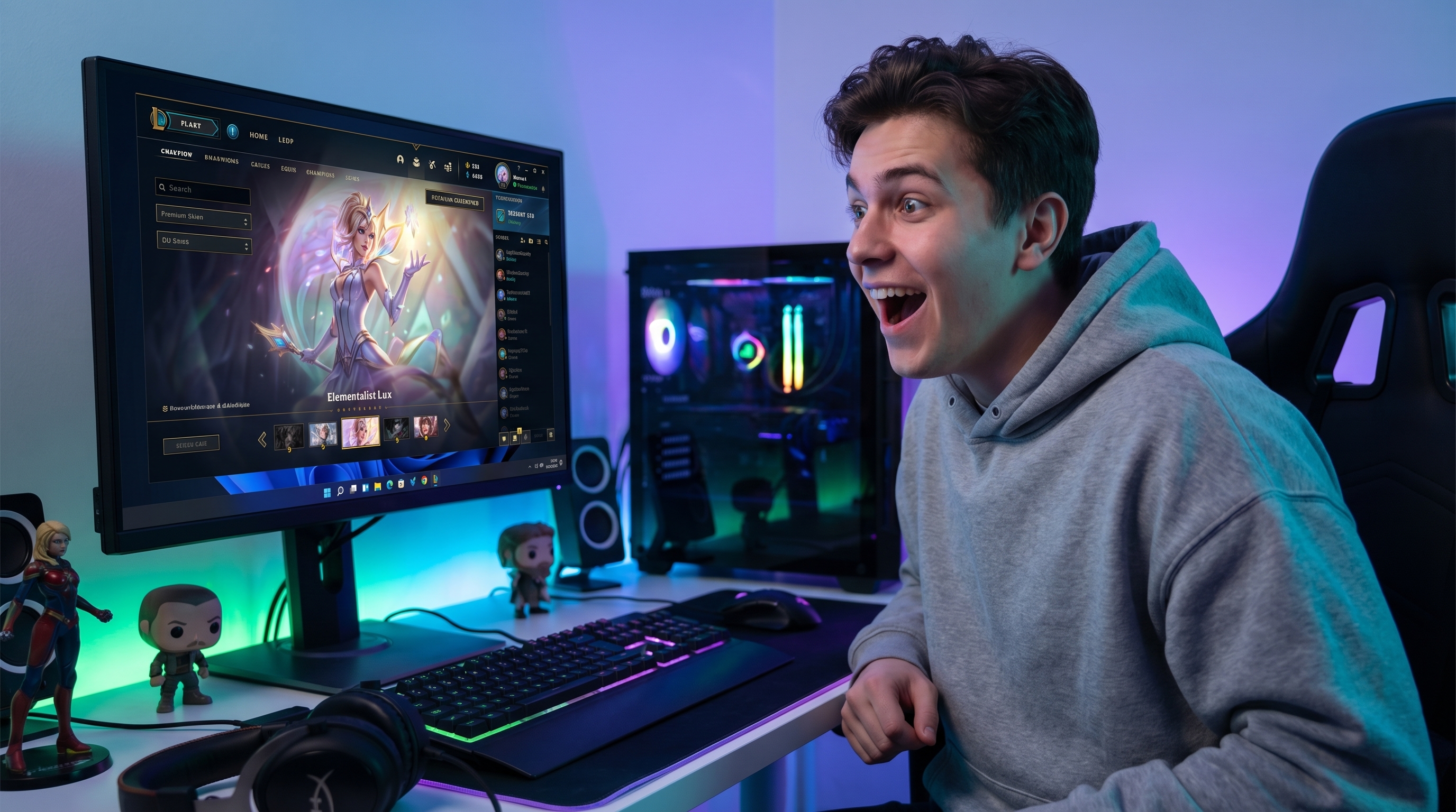 Joven gamer sonriendo mientras elige una skin en League of Legends