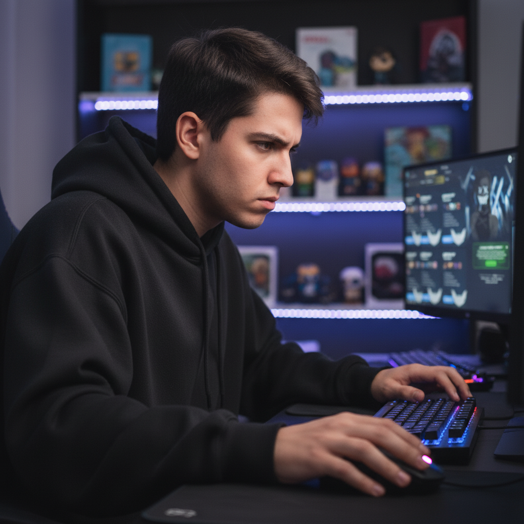 Primer plano de un joven gamer concentrado jugando LoL