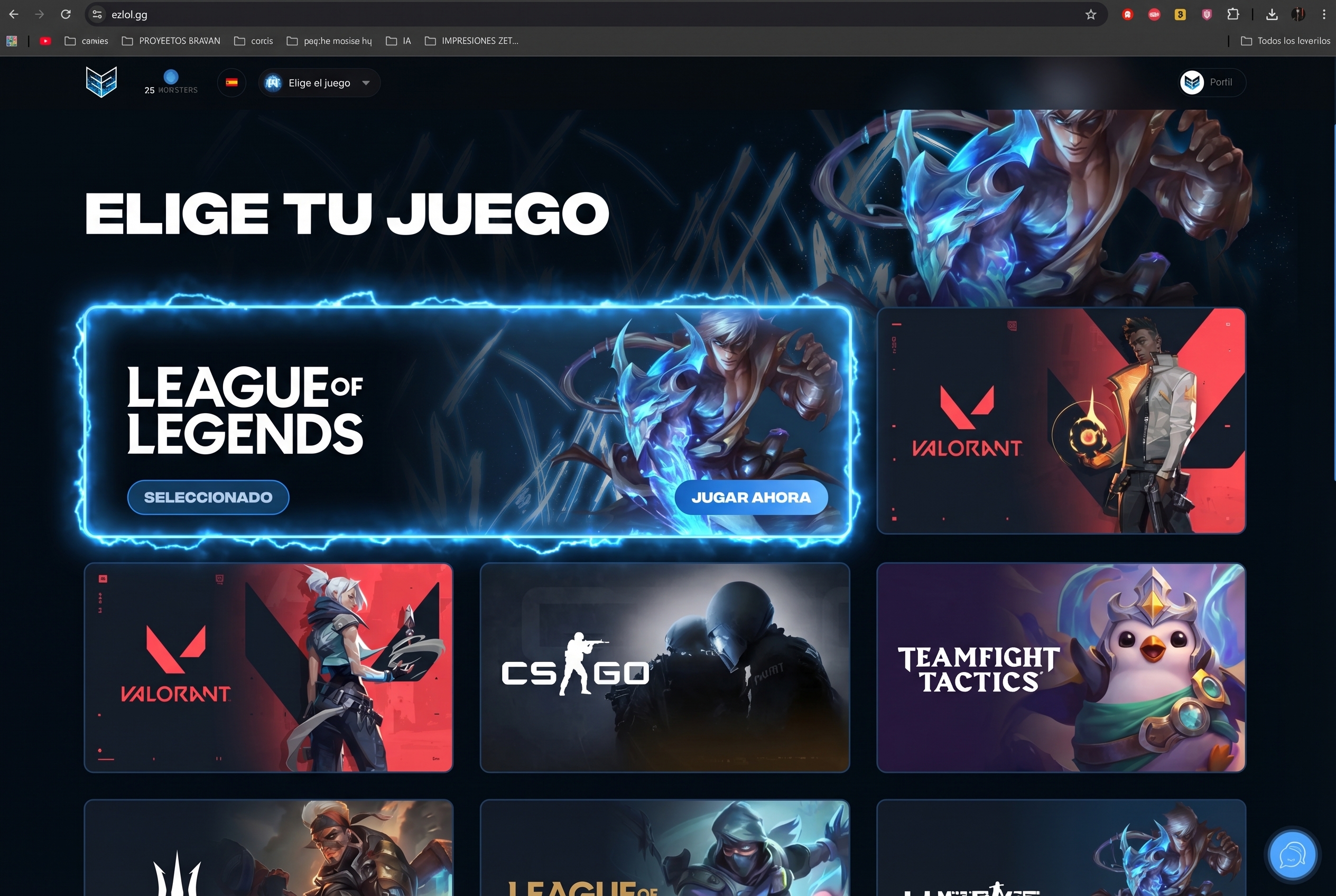 Vista previa de la p&aacute;gina para elegir juego en ezlol.gg
