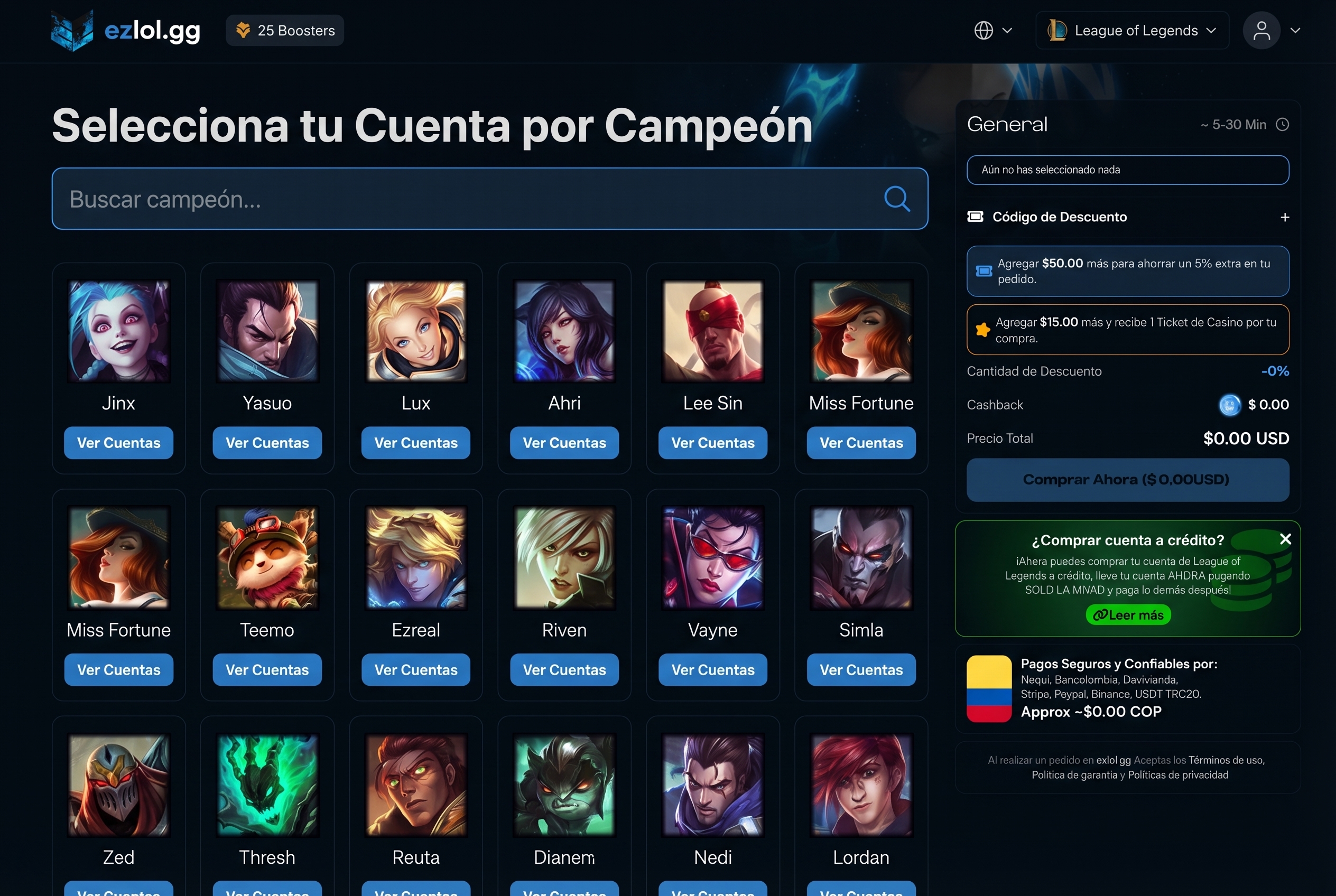 Vista previa de la p&aacute;gina para elegir cuenta por campe&oacute;n en ezlol.gg
