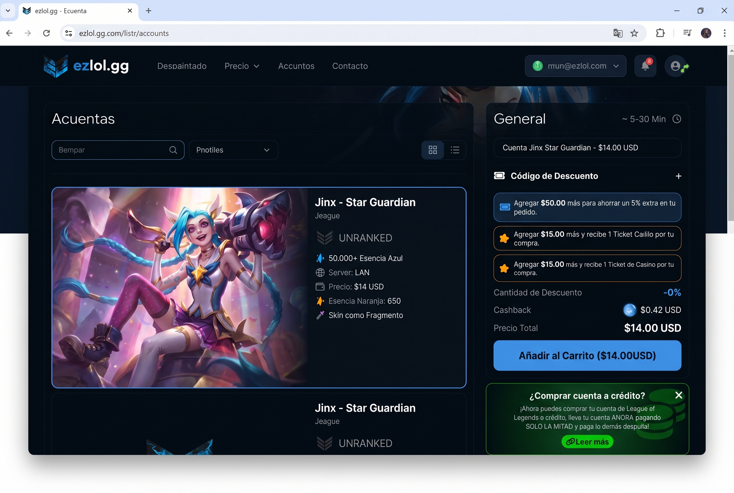 Vista previa de la p&aacute;gina despu&eacute;s de elegir el campe&oacute;n y la skin en ezlol.gg