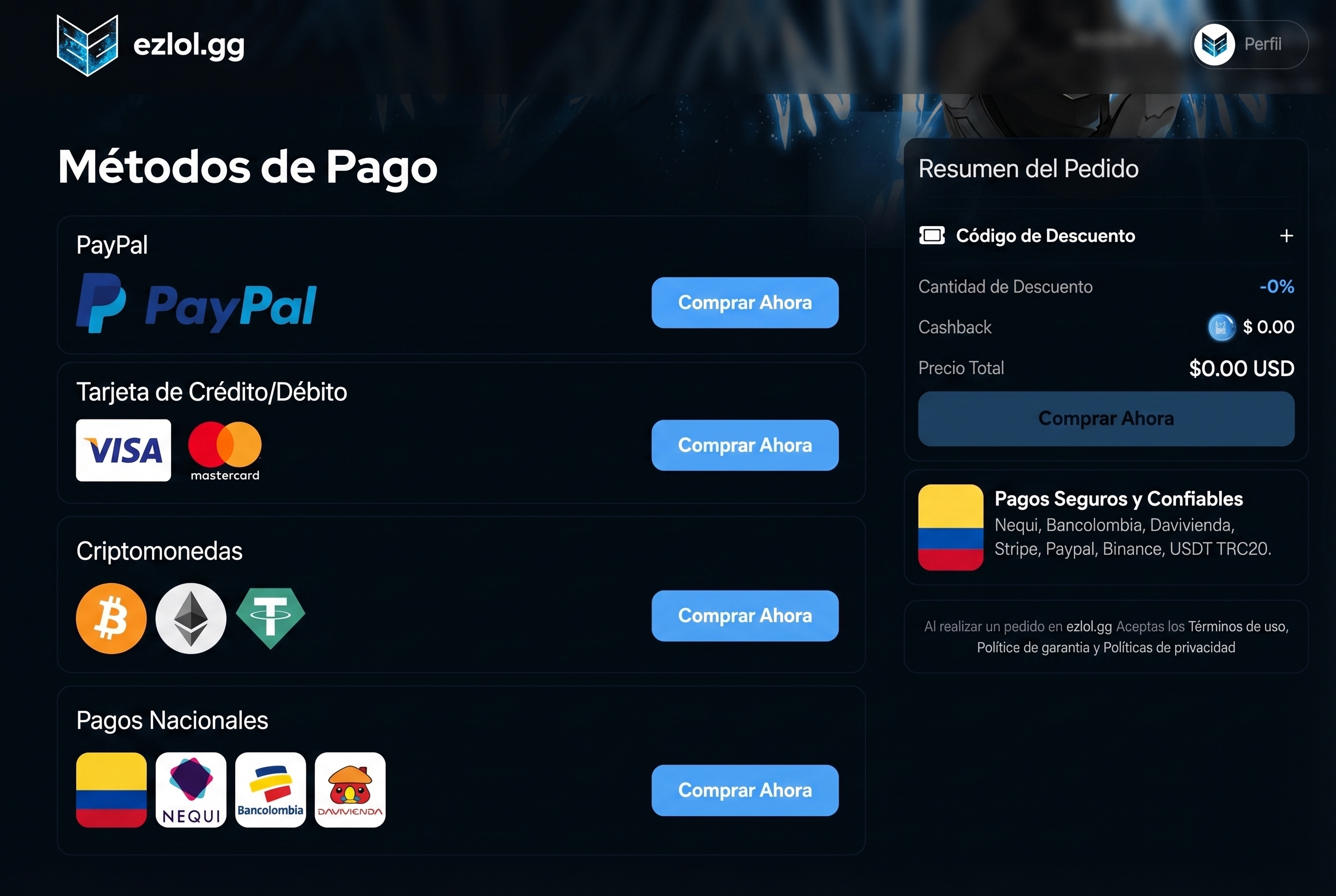 Vista previa de la p&aacute;gina del m&oacute;dulo de pago en ezlol.gg