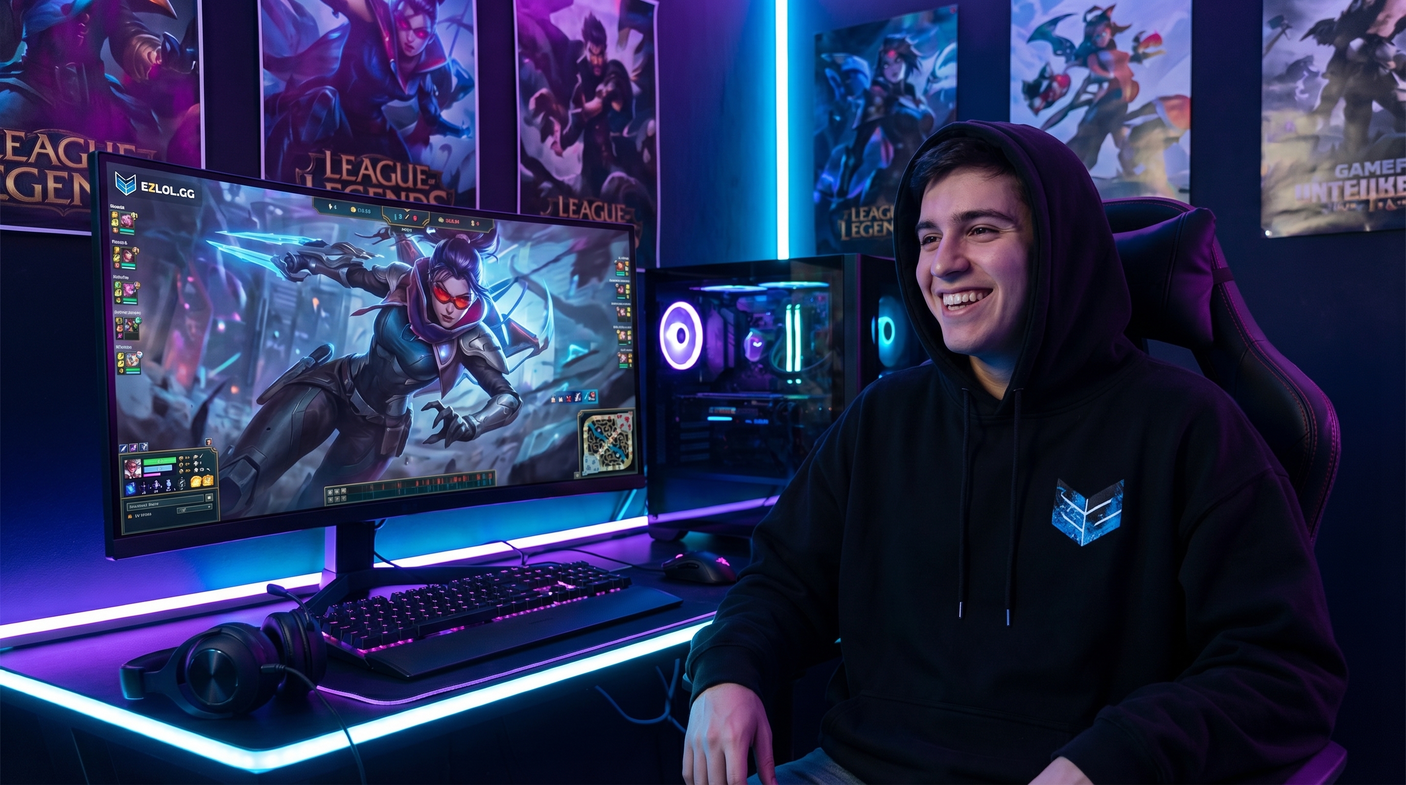 Joven gamer feliz con su nueva cuenta LoL y skin favorita