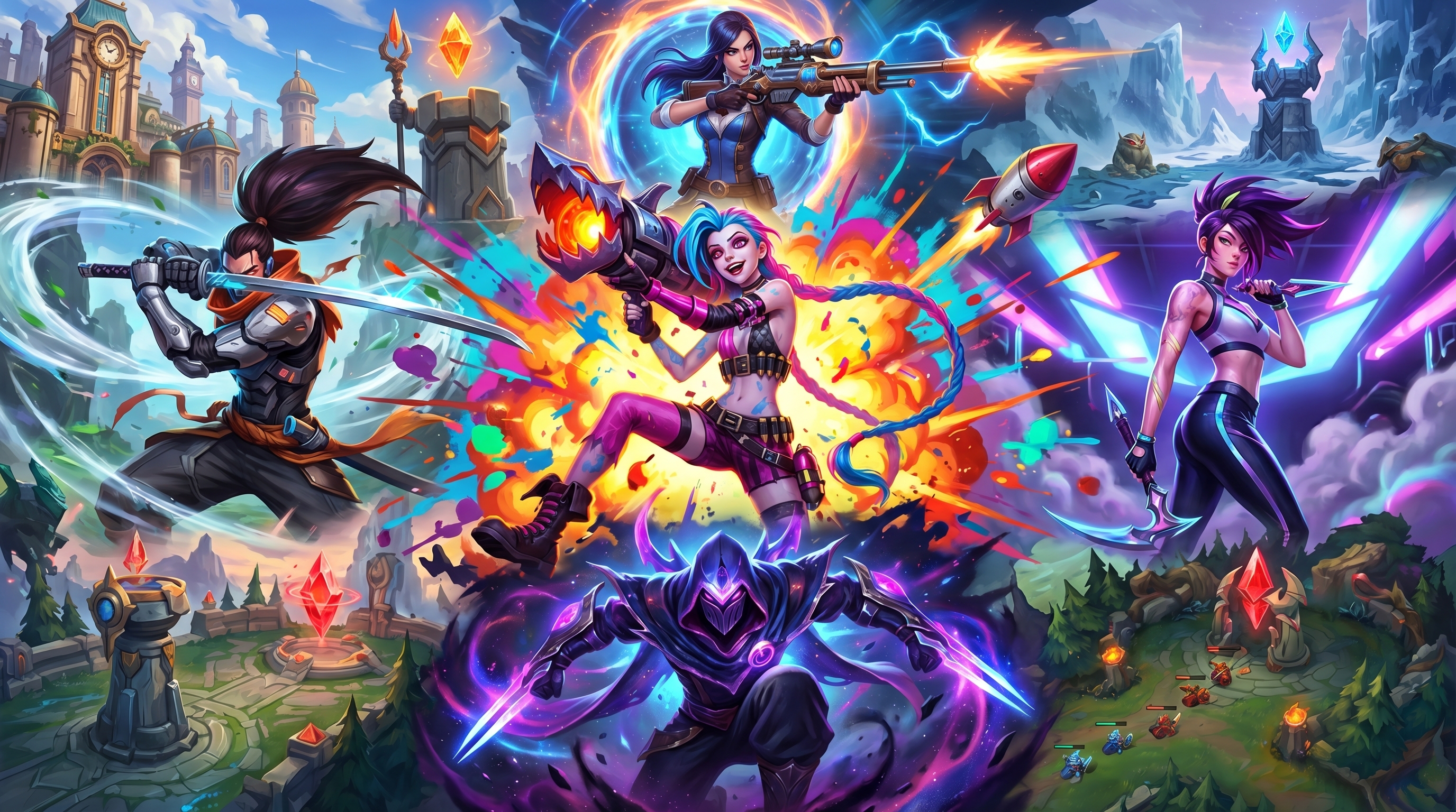 Collage de campeones populares de LoL con sus skins ic&oacute;nicas