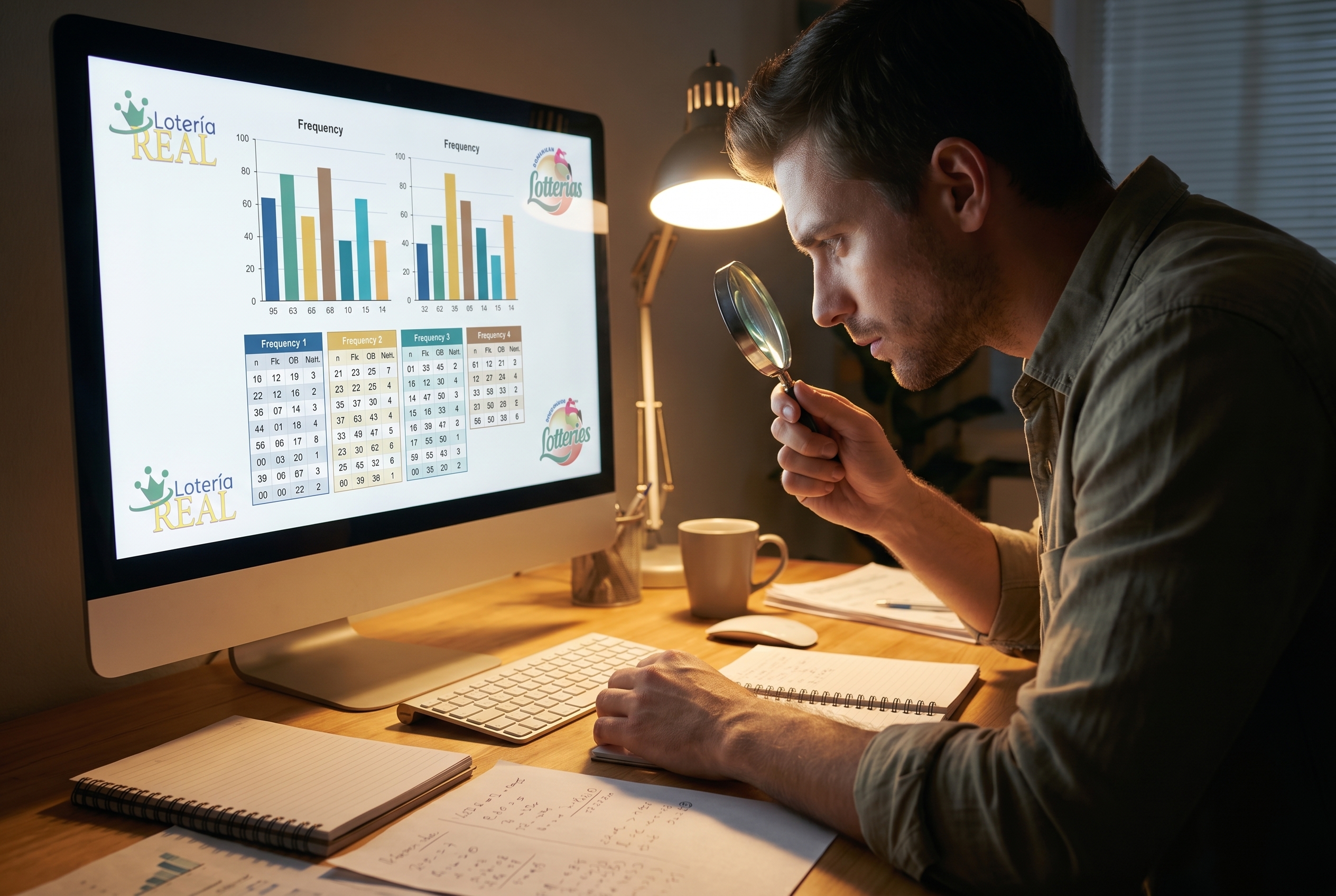 Persona analizando estad&iacute;sticas de loter&iacute;a en una computadora