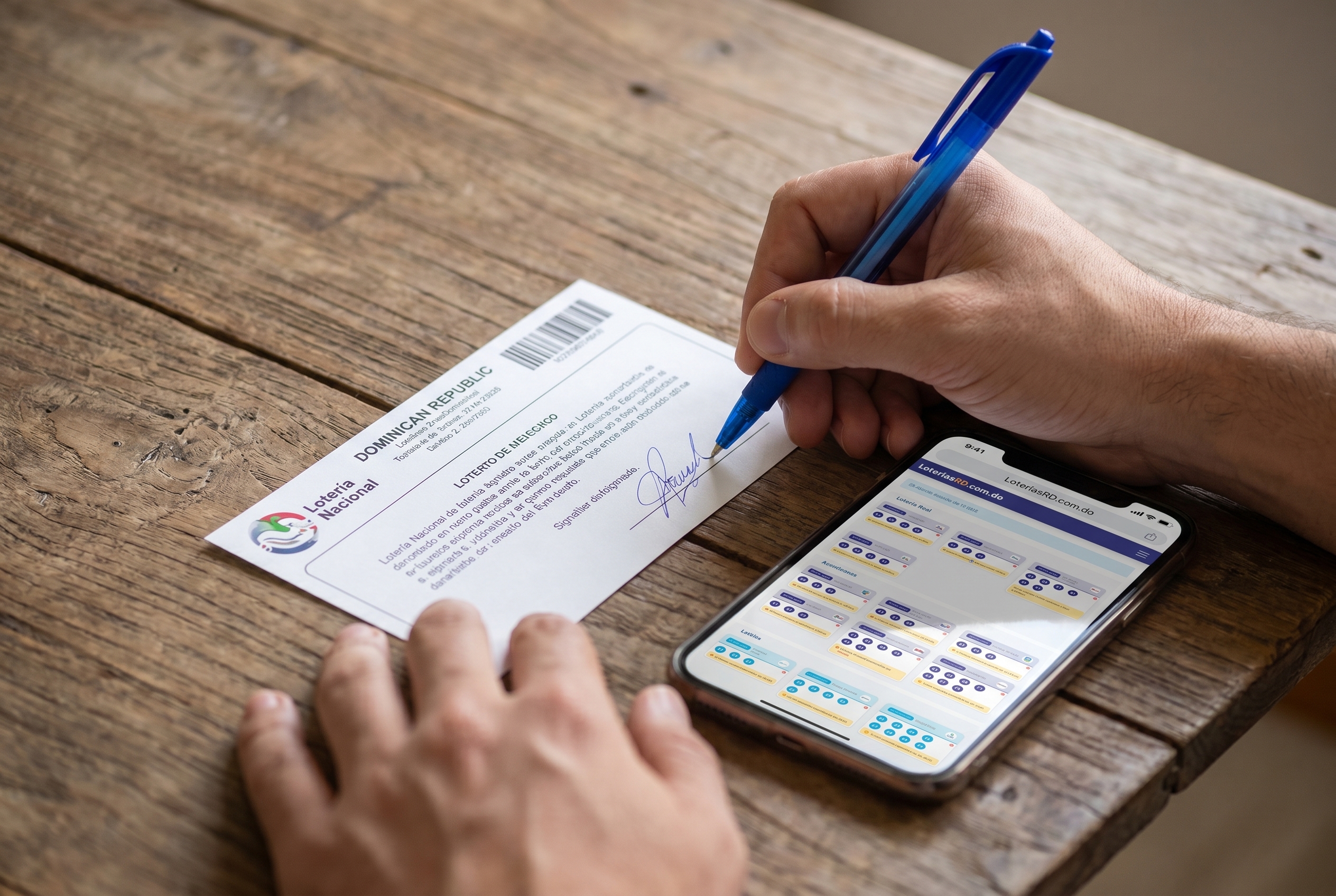 Mano firmando el reverso de un ticket de loter&iacute;a como medida de prevenci&oacute;n