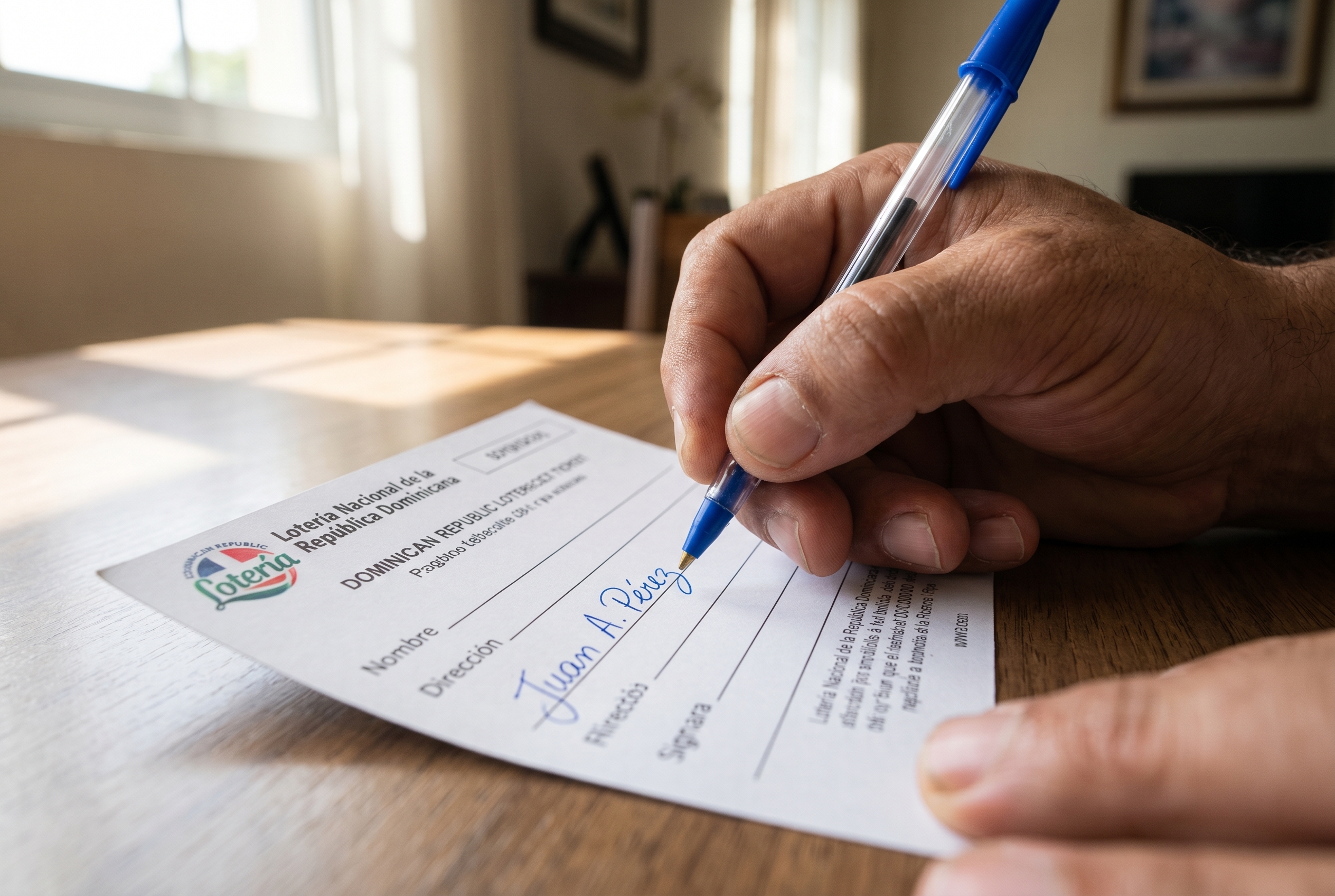Firmando un ticket de loter&iacute;a para asegurar el premio