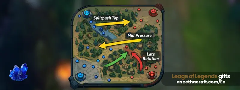 Split push and mid pressure example with late enemy rotation